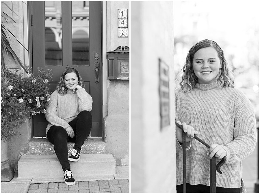 senior sitting on steps in Downtown Wooster, Ohio photographed by Jamie Lynette Photography