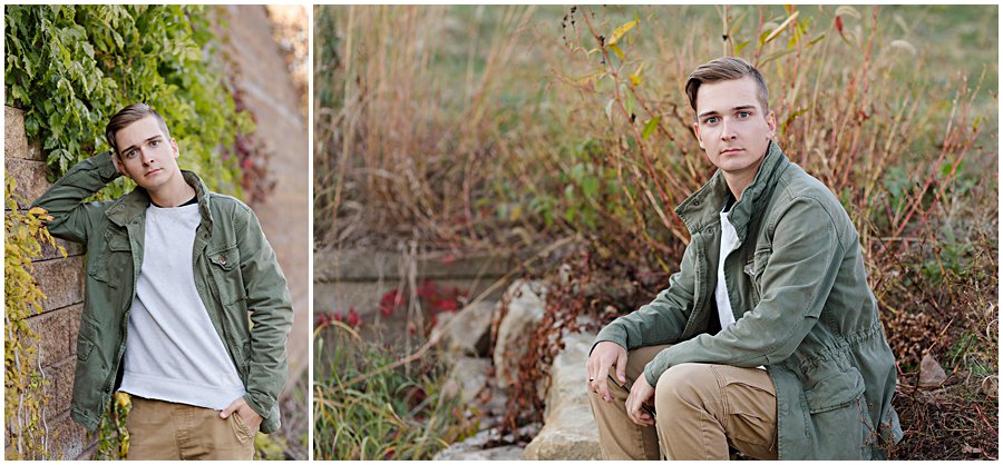 sippo lake fall senior session, perry high school student sitting and standing by giant retaining wall with stuff growing down it. 