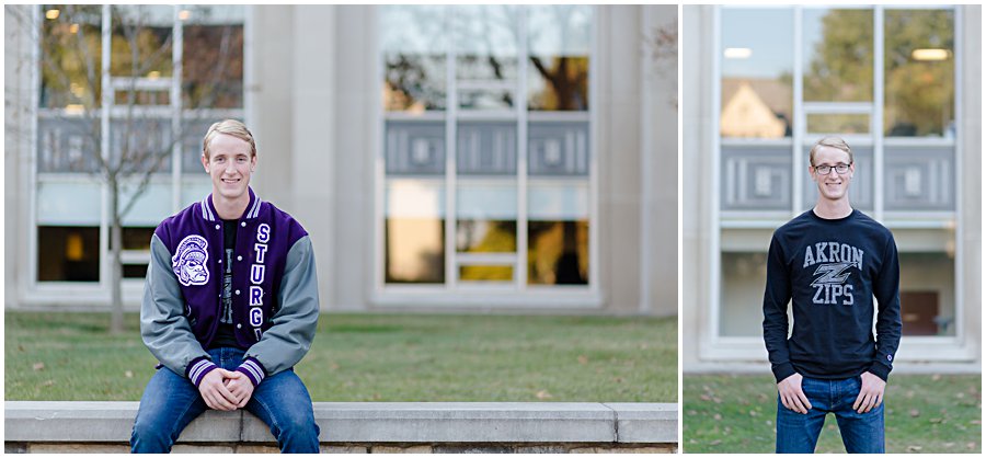 triway high school senior sitting on wall and standing in front of college of woosters library windows, photographed by Jamie Lynette Photography