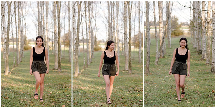 fall high school senior pictures at the oardc, senior walking in front of birch trees, photographed by Jamie Lynette Photography