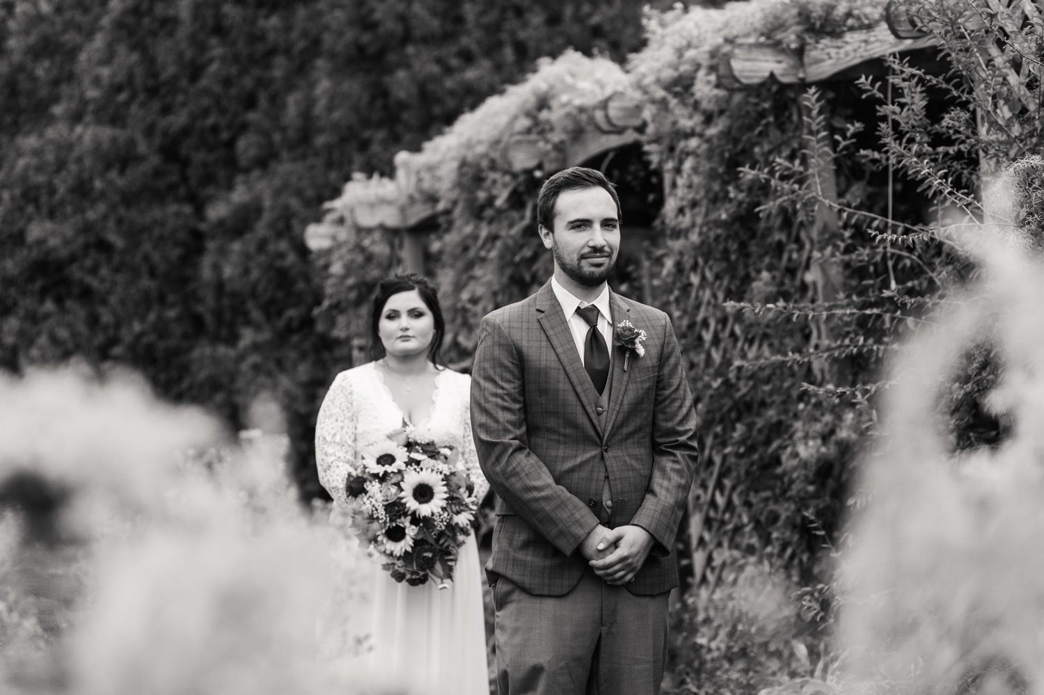 romantic first look with groom at OARDC for fall intimate backyard wedding
