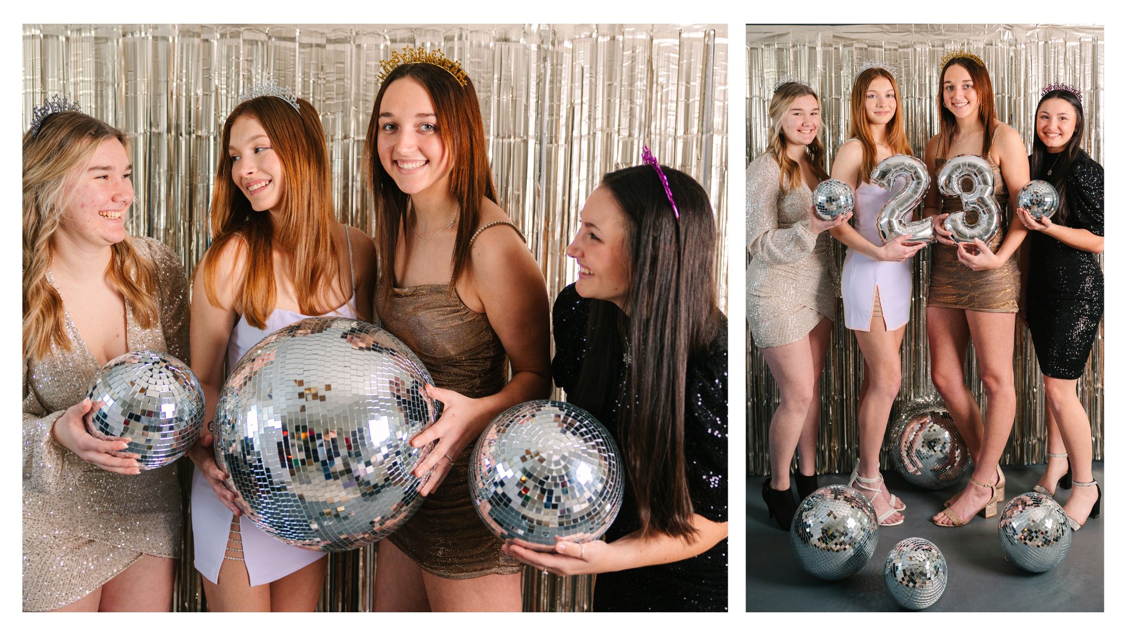 senior girls holding disco balls for new years eve photoshoot