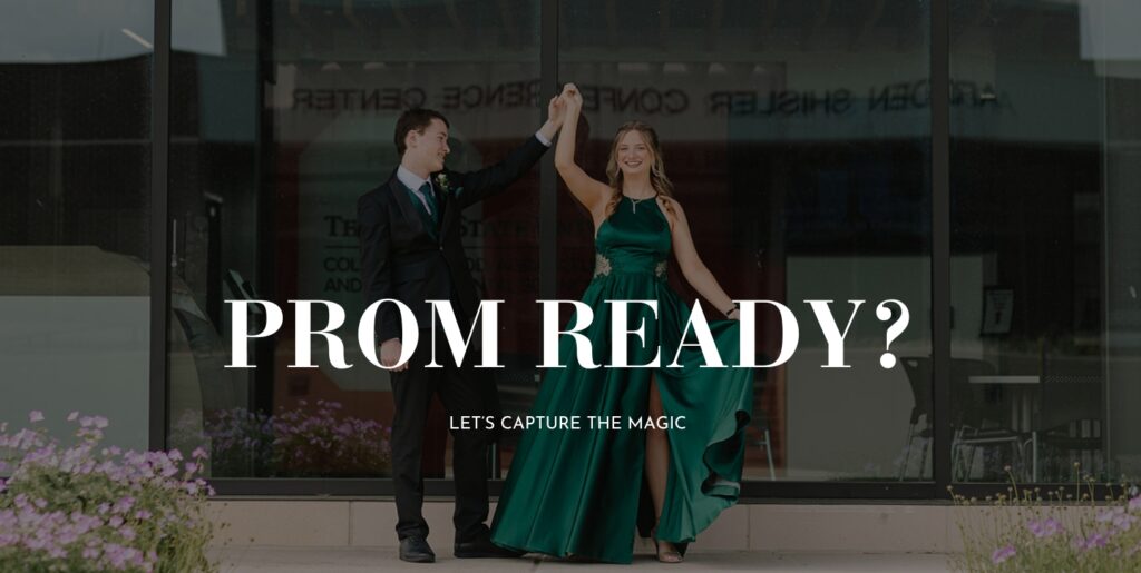 Prom couple in Wooster, Ohio, captured by Jamie Lynette Photography. The girl is wearing a green dress and the boy is in a black tux, sharing a joyful moment before prom. These are from their Prom Mini Session.